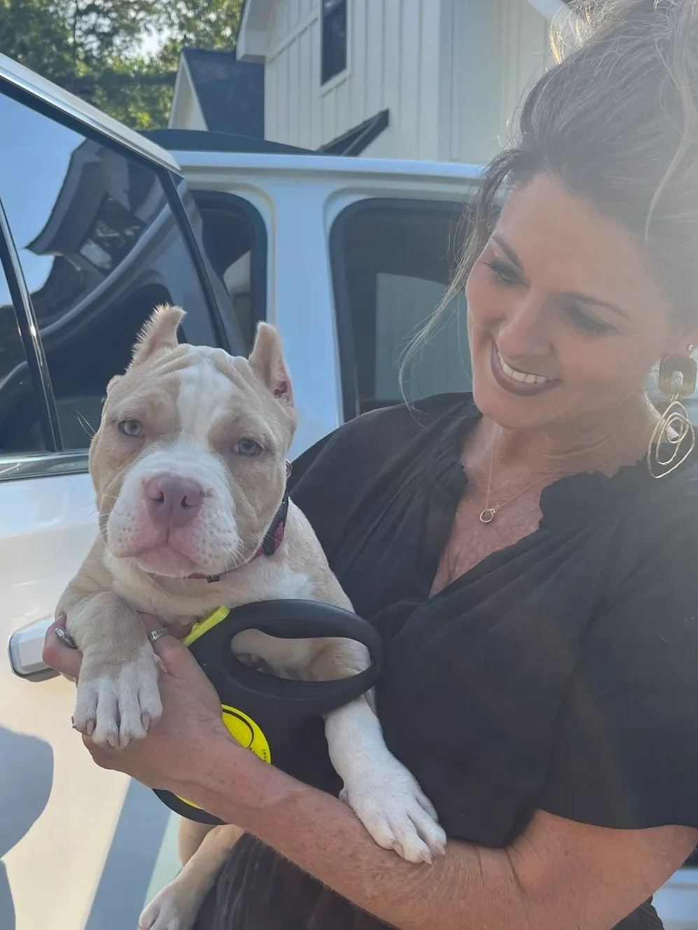 A woman holding a light brown puppy with a black collar near a car.